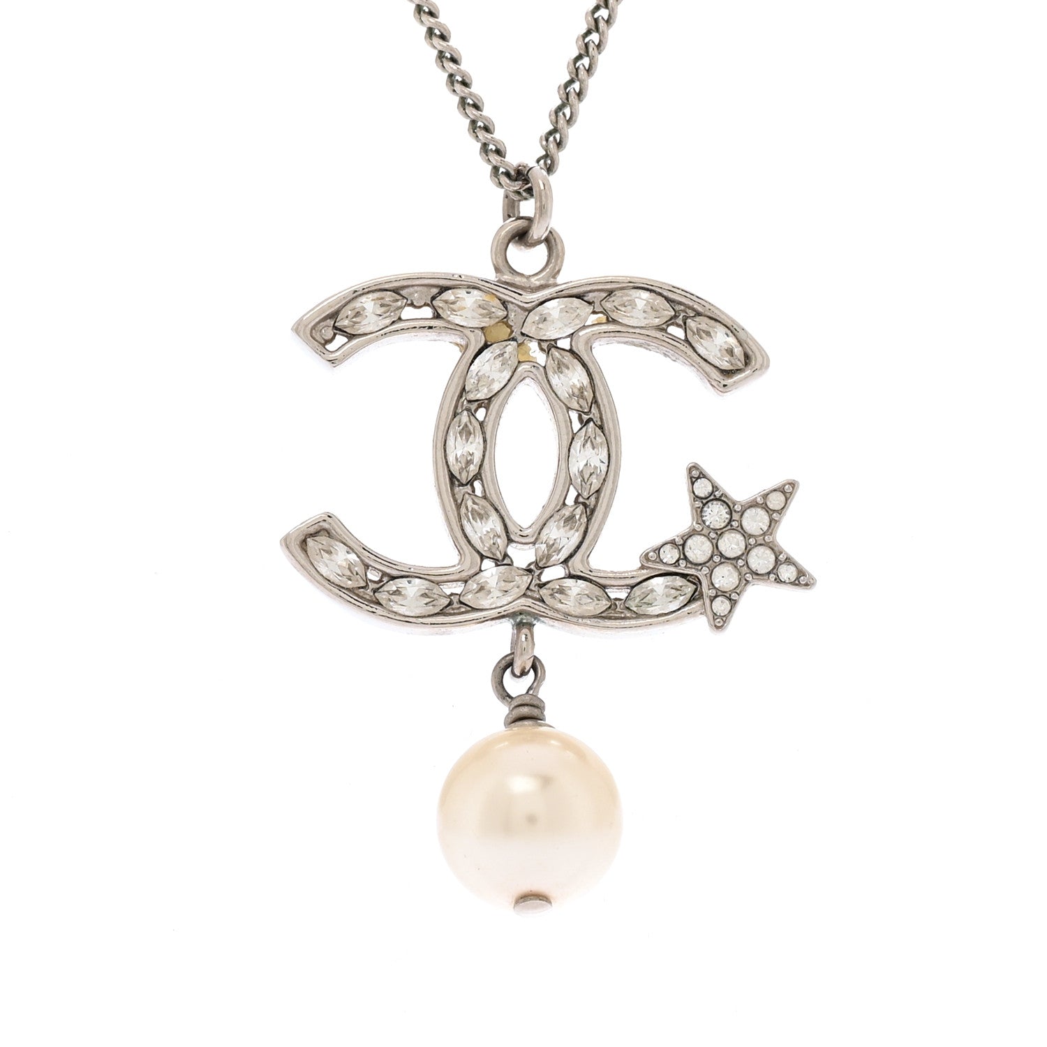 Chanel Crystal CC Star Pearl Drop Necklace Silver 4 of 5
