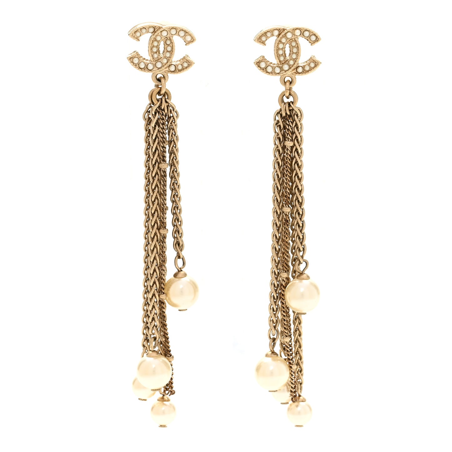 Pearl Chain CC Dangle Earrings Gold