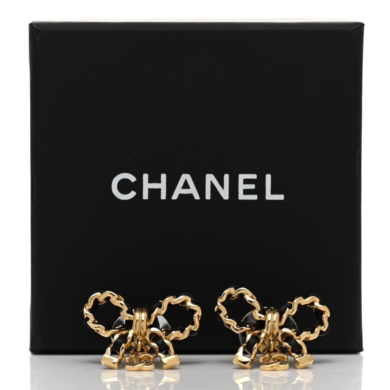 Chanel Lambskin Chain Bow Stud Earrings Black Gold 5 of 5