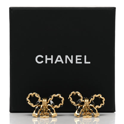 Chanel Lambskin Chain Bow Stud Earrings Black Gold 5 of 5