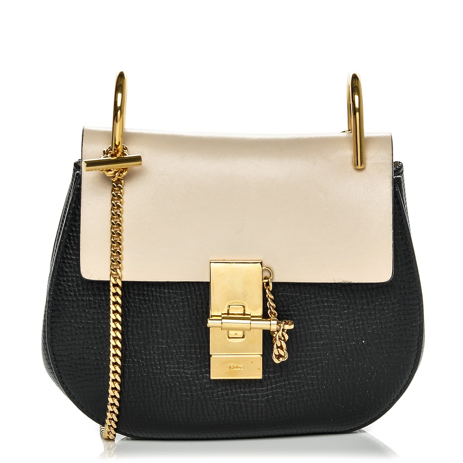 Chloe Grained Calfskin Lambskin Mini Bi-Color Drew Shoulder Bag Black Powder Beige 1 of 11