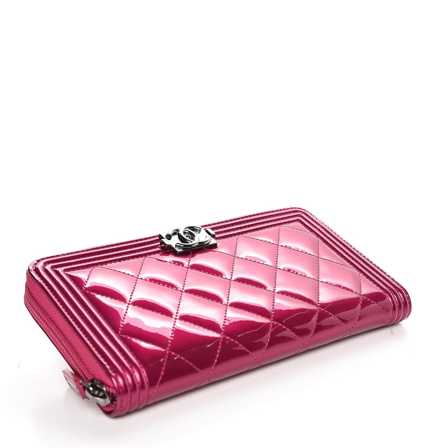 Chanel Metallic Patent Calfskin Quilted Boy L-Gusset Zip Wallet Pink 4 of 9
