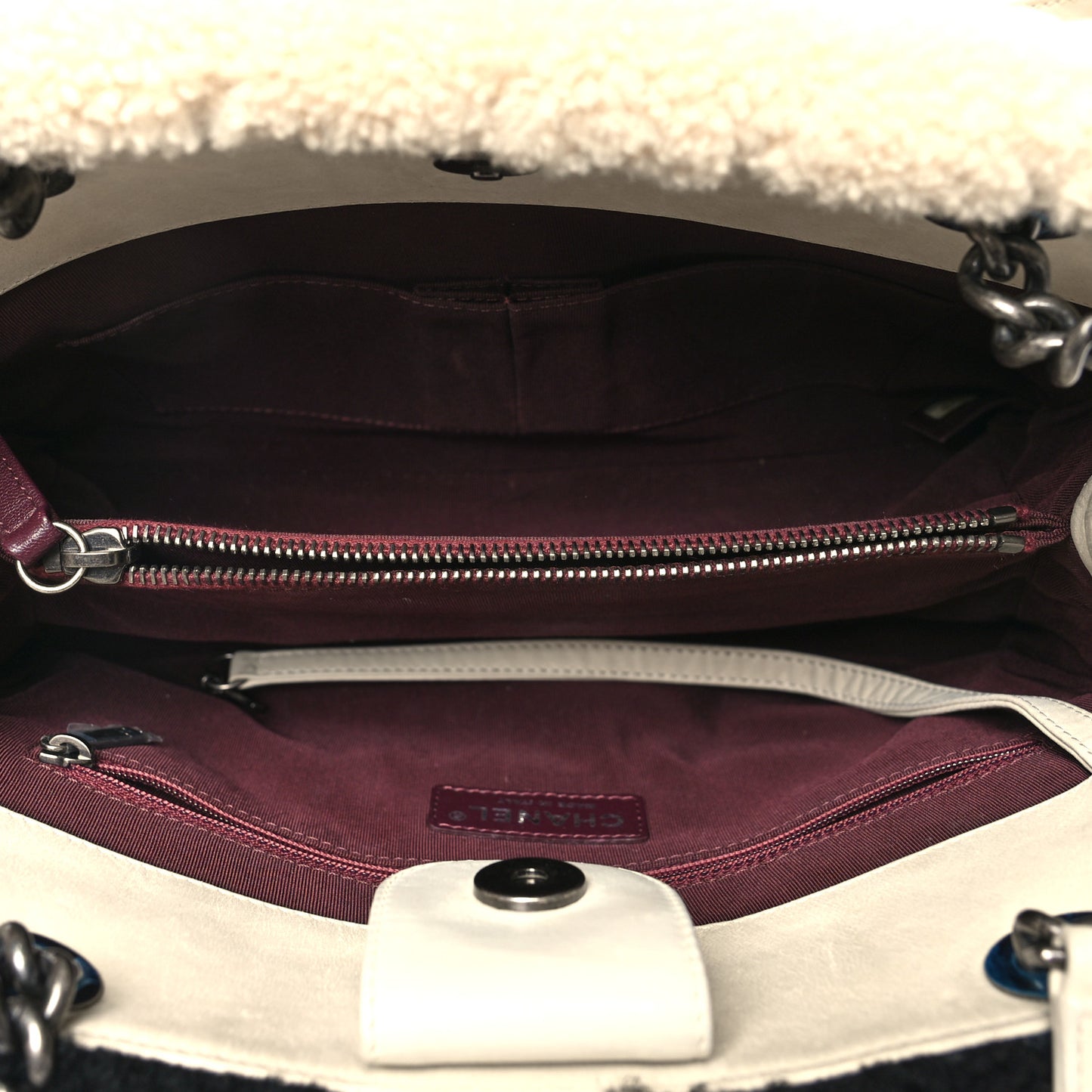 Shearling Calfskin Large Boy Shopping Tote White Black