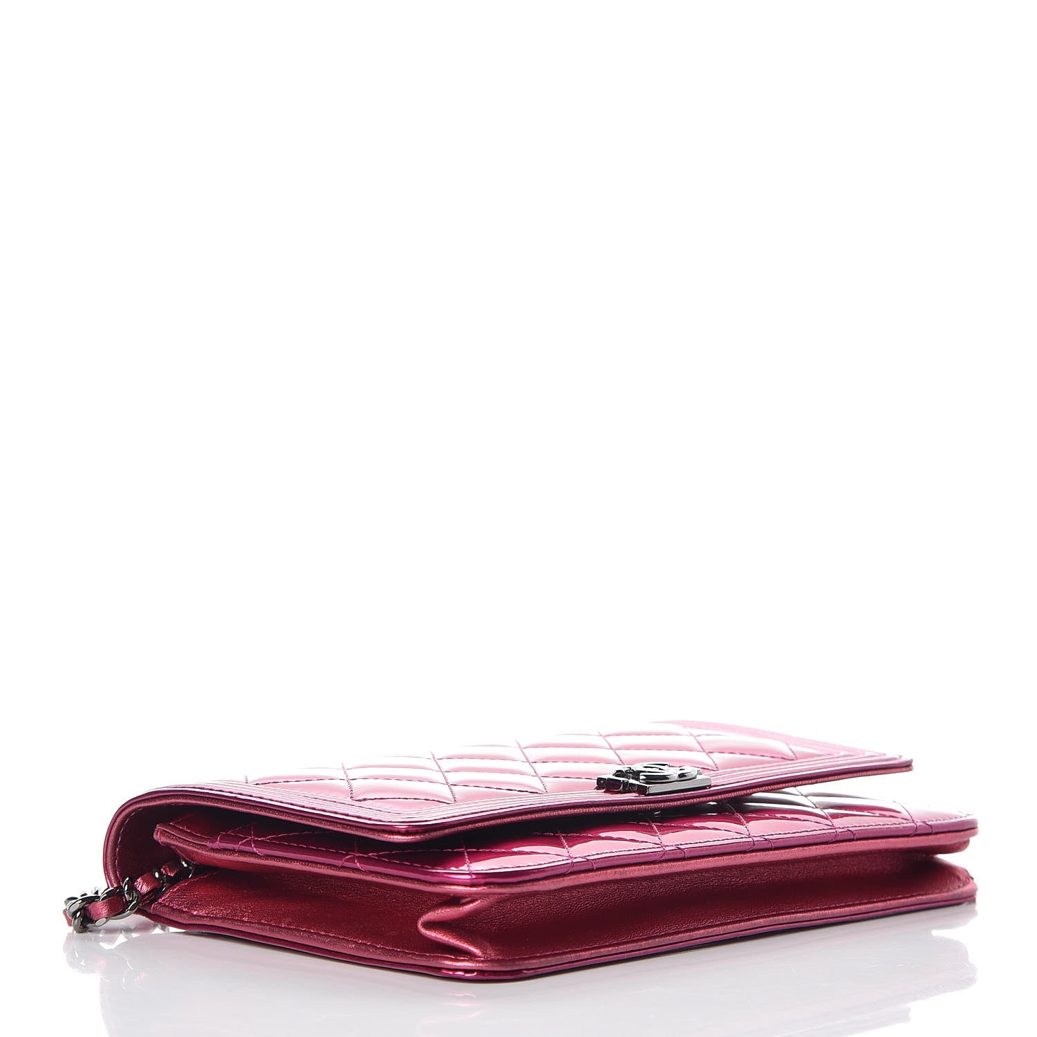 Chanel Metallic Patent Calfskin Quilted Boy Wallet On Chain WOC Fuchsia 4 of 13