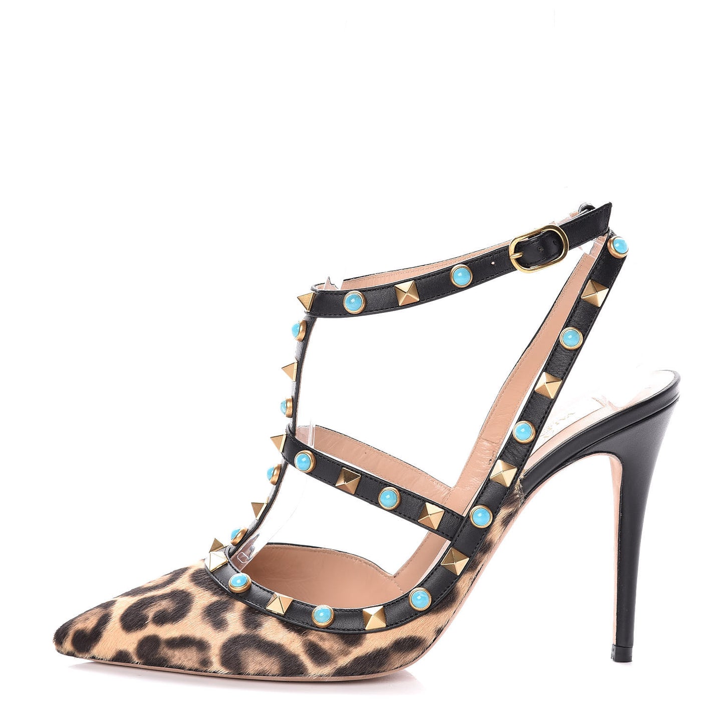 Calf Hair Leopard Print Rockstud Rolling Ankle Strap Pumps 38.5 Champagne Testa di Moro