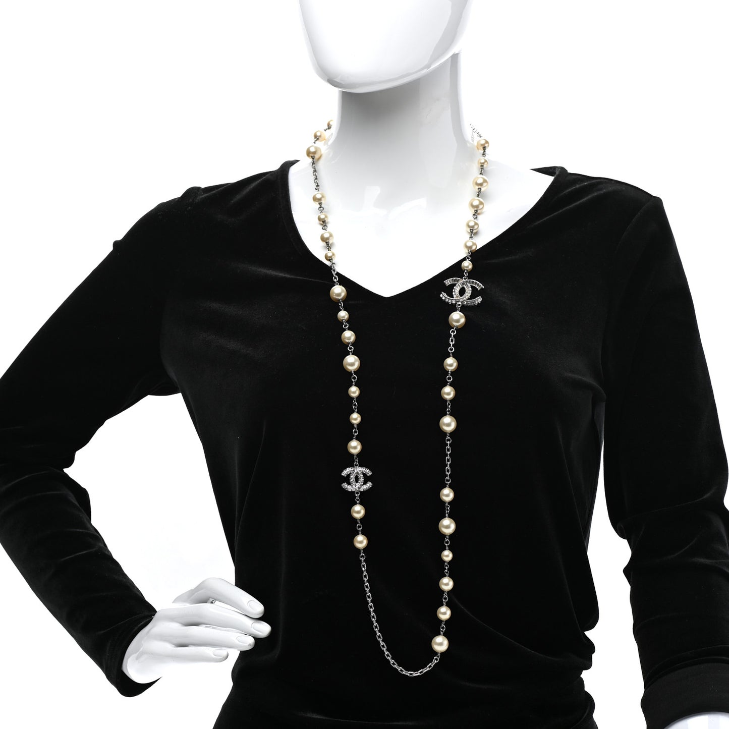 Pearl Baguette Crystal CC Long Necklace Silver