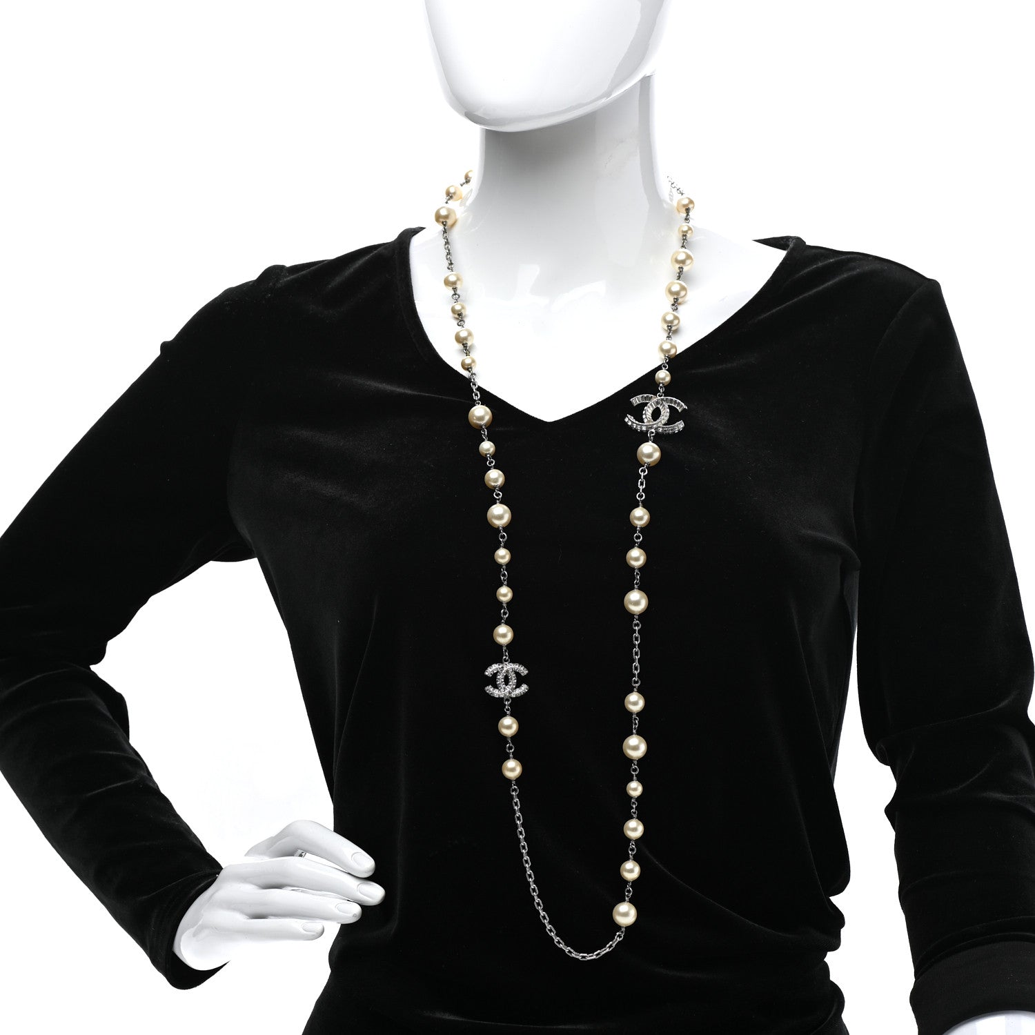 Chanel Pearl Baguette Crystal CC Long Necklace Silver 2 of 7