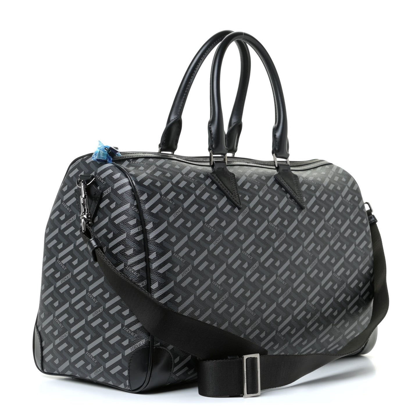 Coated Canvas Calfskin La Greca Signature Travel Bag Black Grey