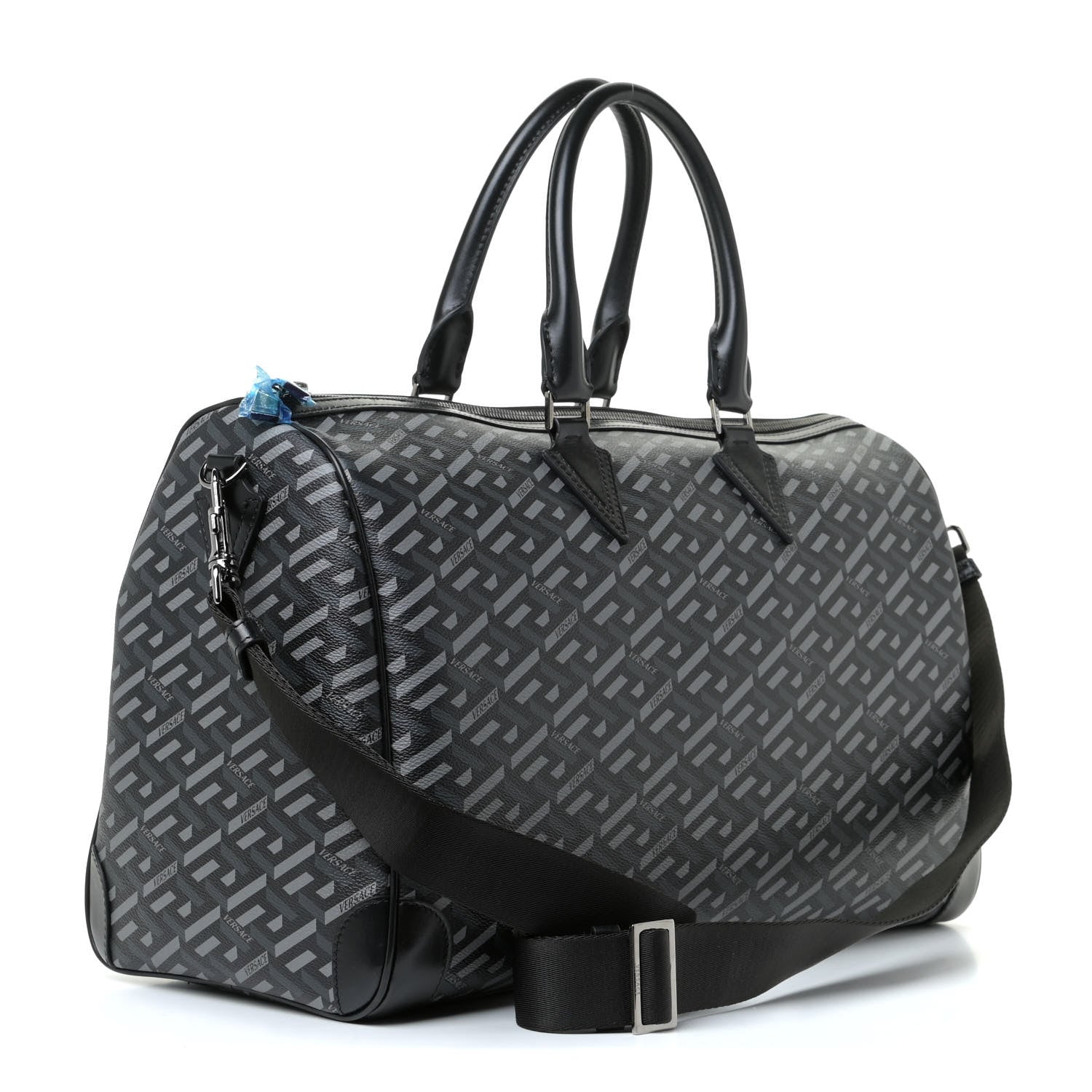 Versace Coated Canvas Calfskin La Greca Signature Travel Bag Black Grey 2 of 10