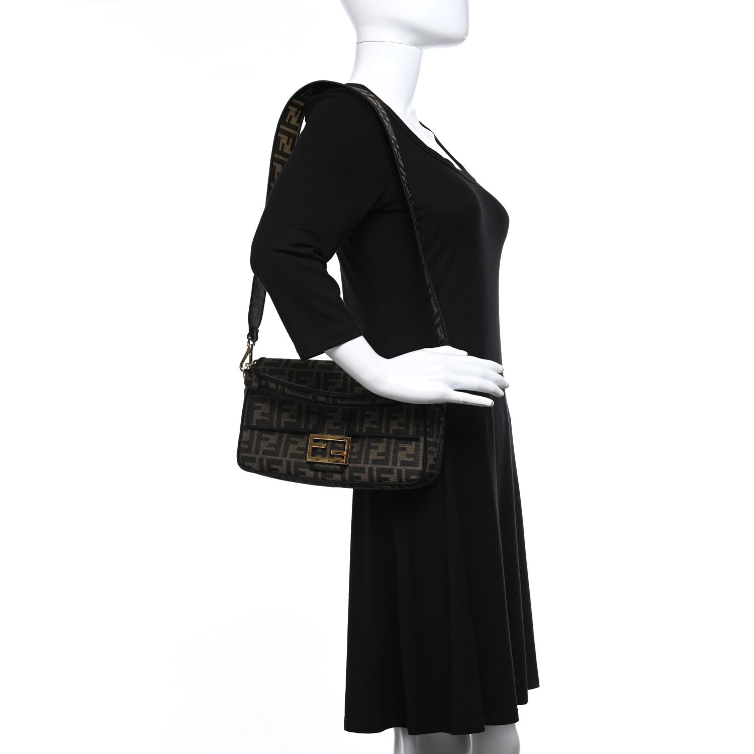 Fendi Fabric Jacquard FF 1974 Medium Baguette Tobacco Moro Black 2 of 10