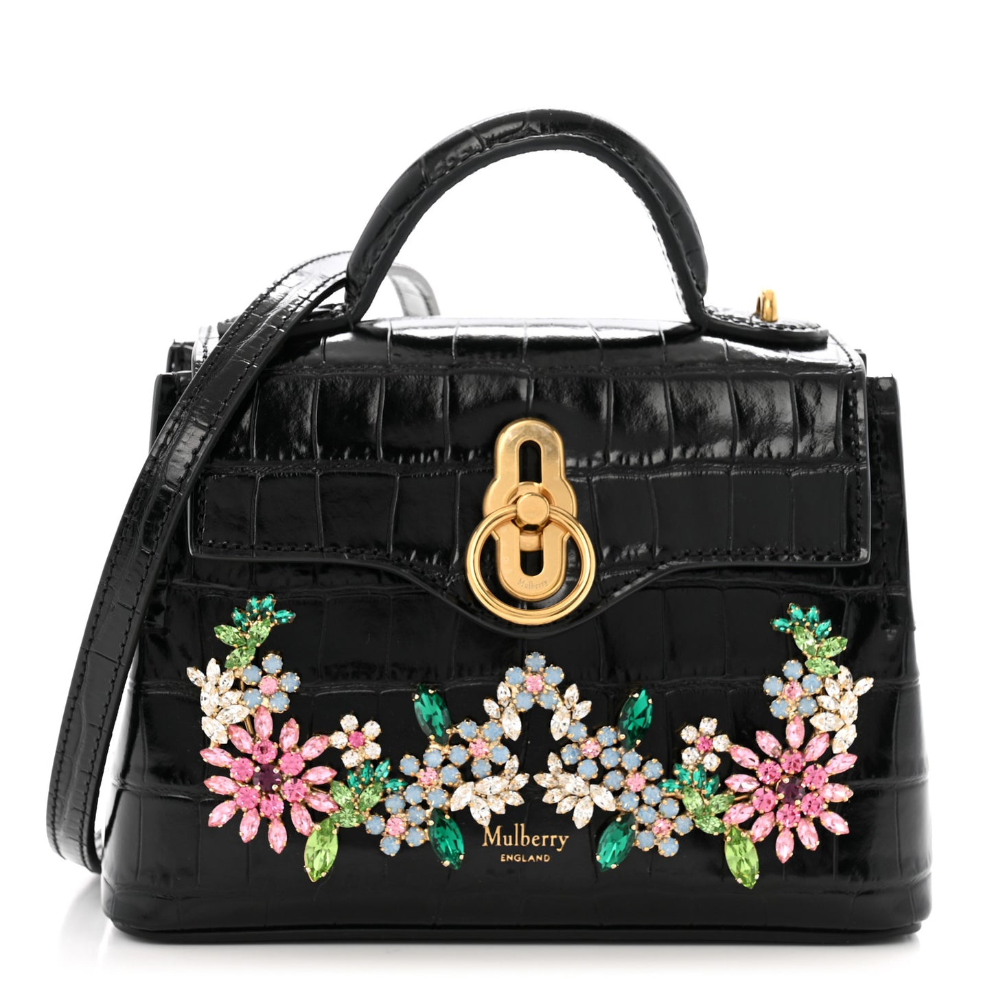 Calfskin Crocodile Embossed Embellished Micro Seaton Black Multicolor