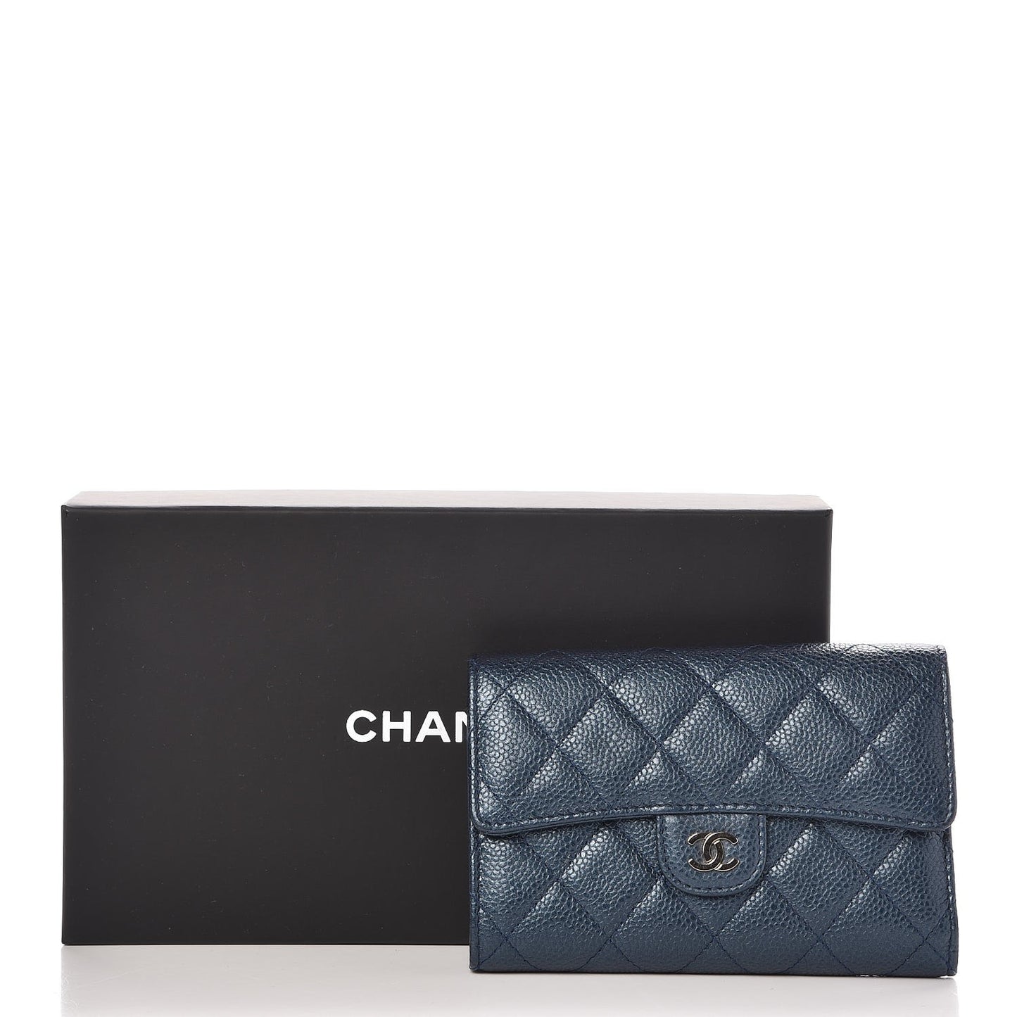 Metallic Caviar Quilted Medium Flap Wallet Dark Blue