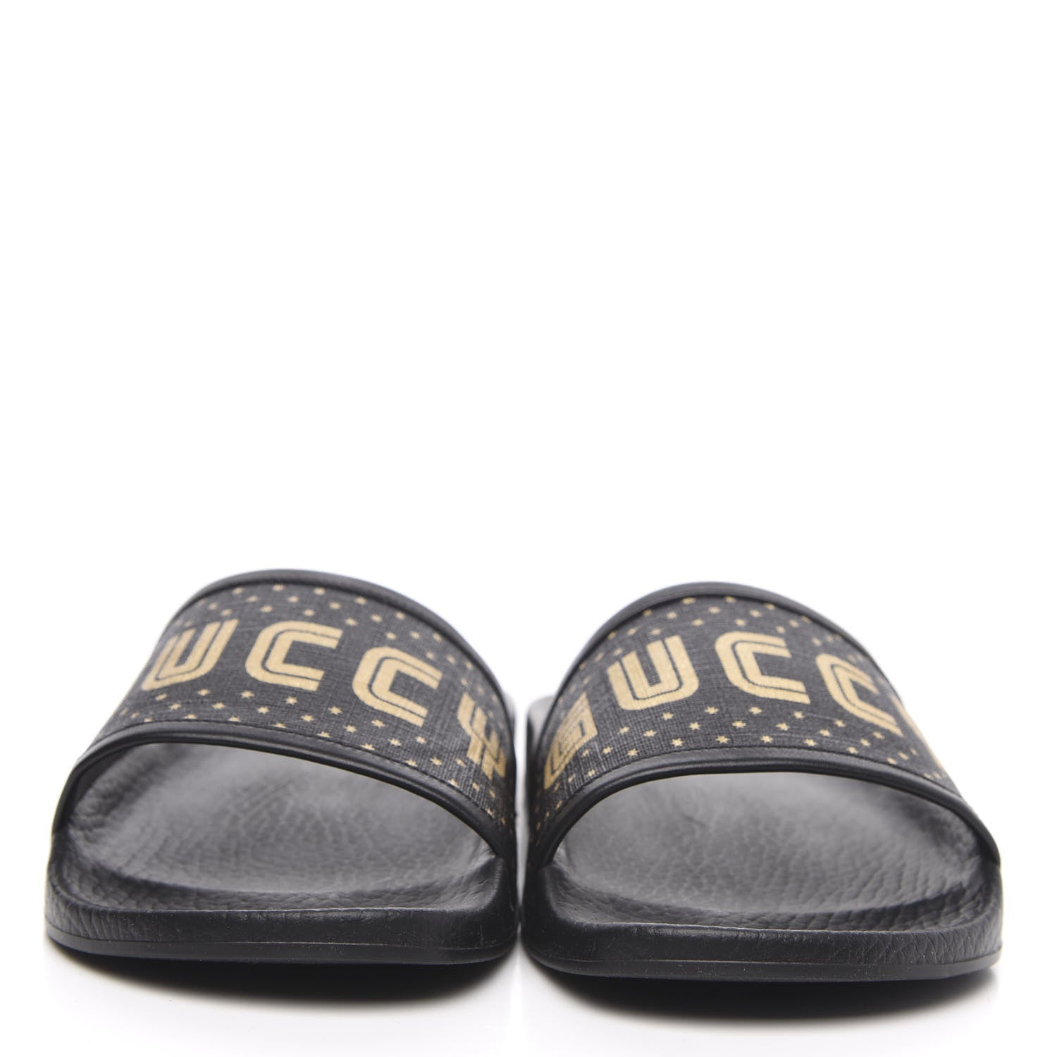 Gucci X SEGA Supreme Canvas GUCCY Stars Womens Slide Sandals 38 Black Gold 2 of 8