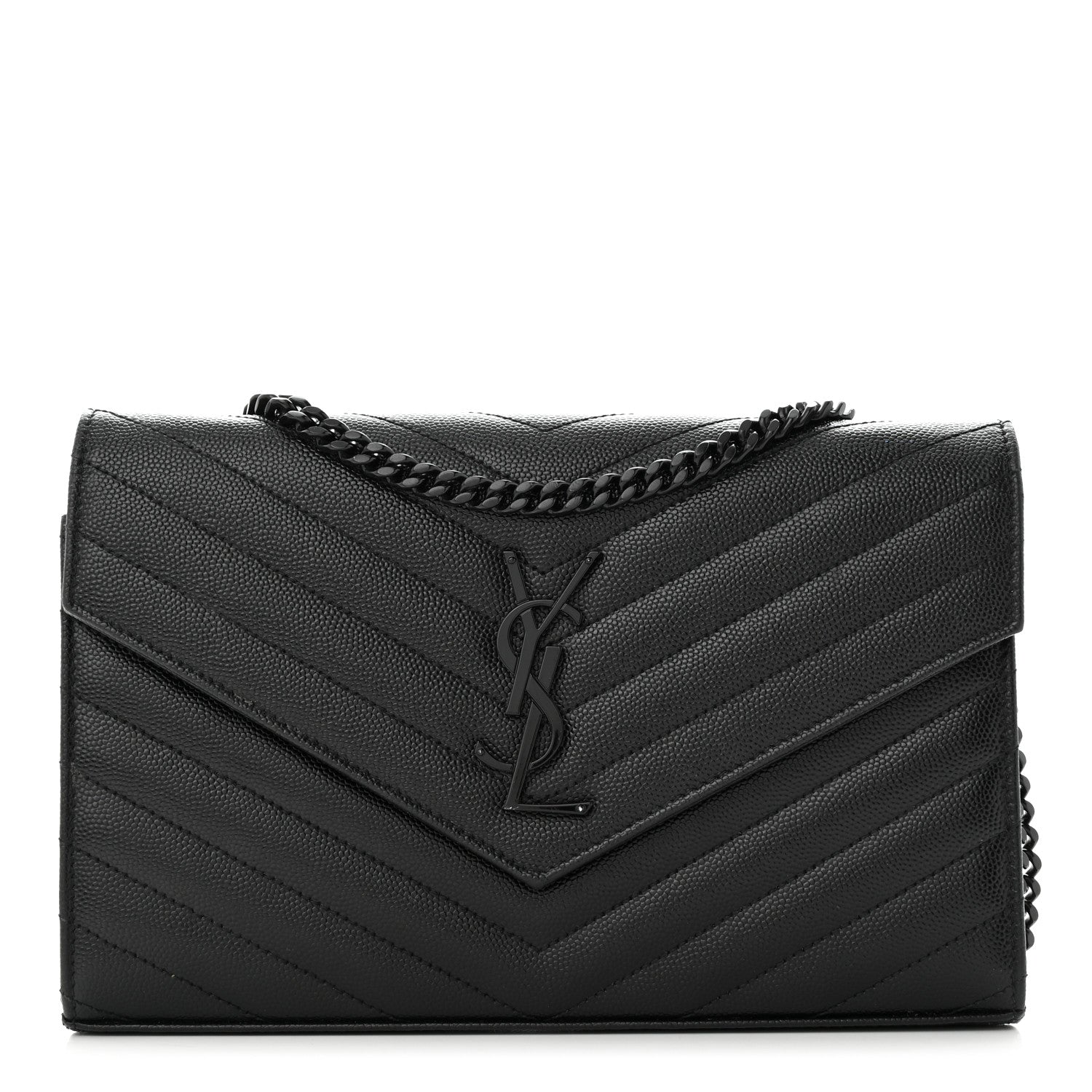 Saint Laurent Grain De Poudre Matelasse Chevron Monogram Monochrome Chain Wallet Black 1 of 11