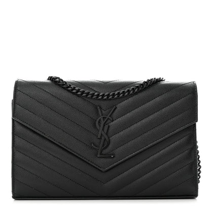 Saint Laurent Grain De Poudre Matelasse Chevron Monogram Monochrome Chain Wallet Black 1 of 11