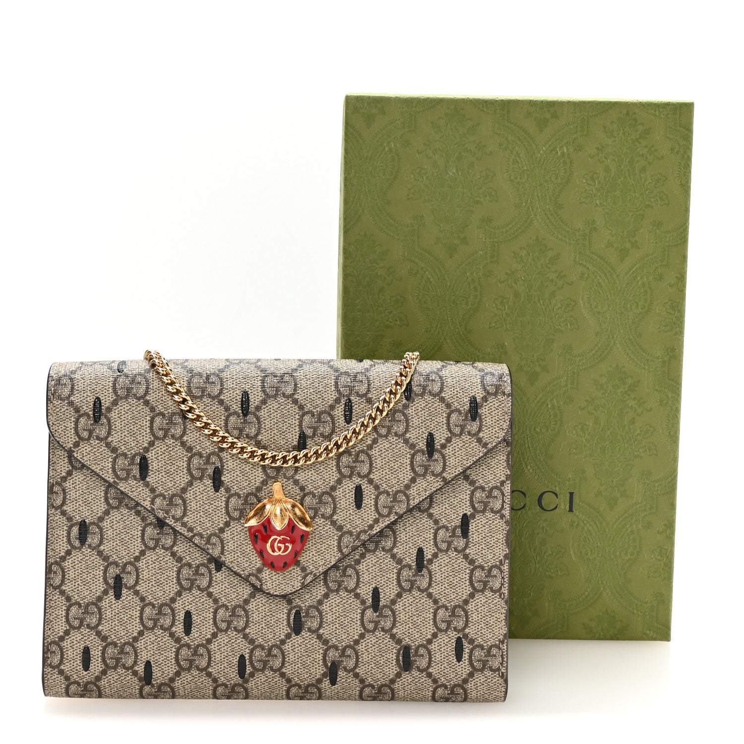 Gucci GG Supreme Monogram Strawberry Seed Textured Dollar Calfskin Enamel Double G Strawberry Wallet On Chain Beige Ebony Black New Acero Hibiscus Red 11 of 11