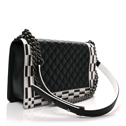 Chanel Calfskin Quilted Checkerboard Trim New Medium Boy Flap Black White 3 of 8