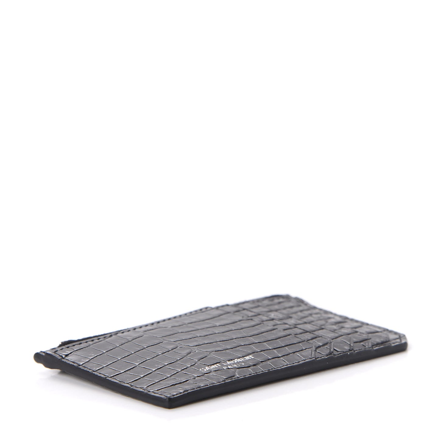Calfskin Crocodile Embossed 5 Fragments Zip Card Case Black