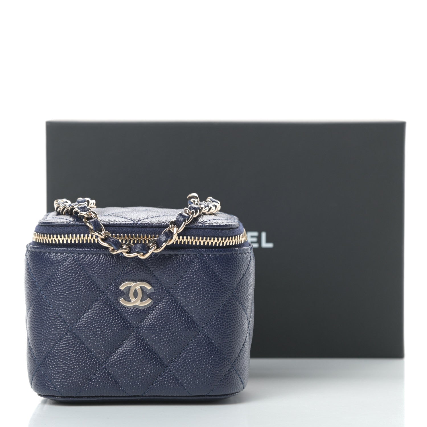 Chanel Caviar Quilted Mini Vanity Case With Chain Navy Blue 11 of 11