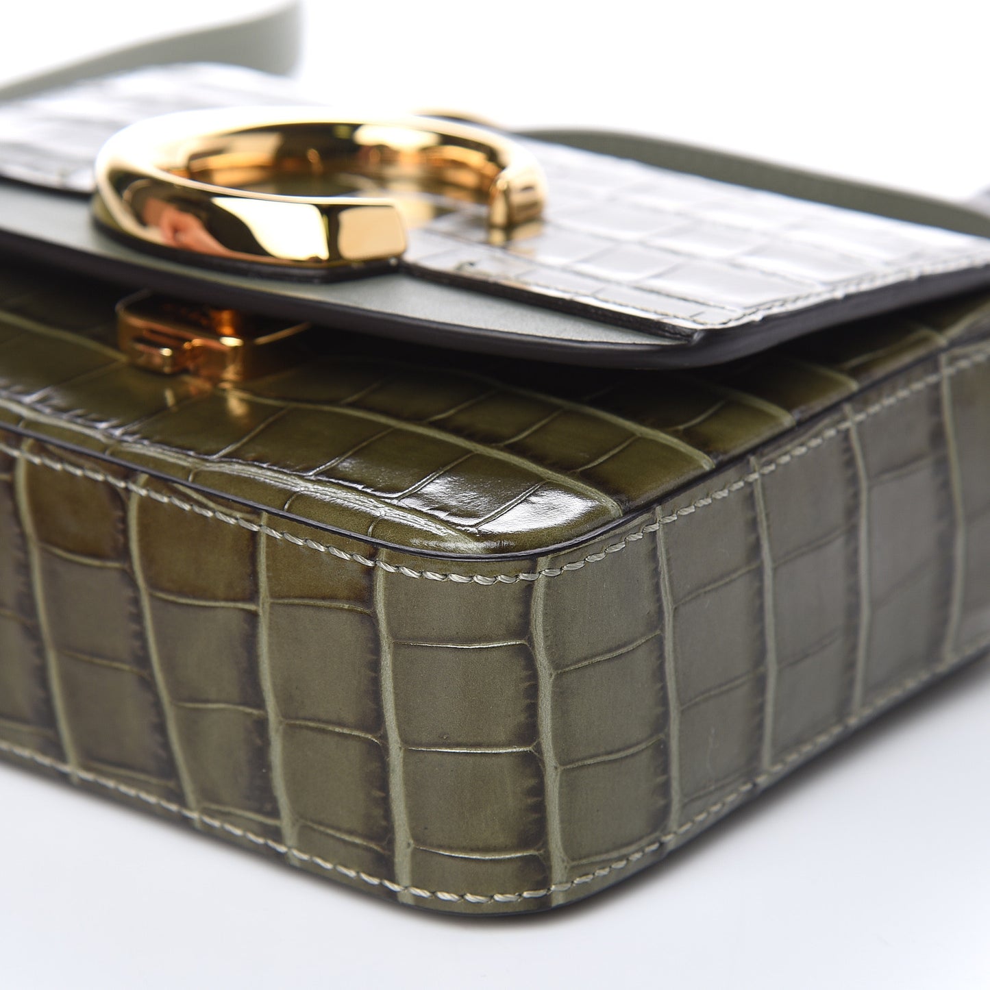 Calfskin Crocodile Embossed Mini C Double Carry Misty Forest