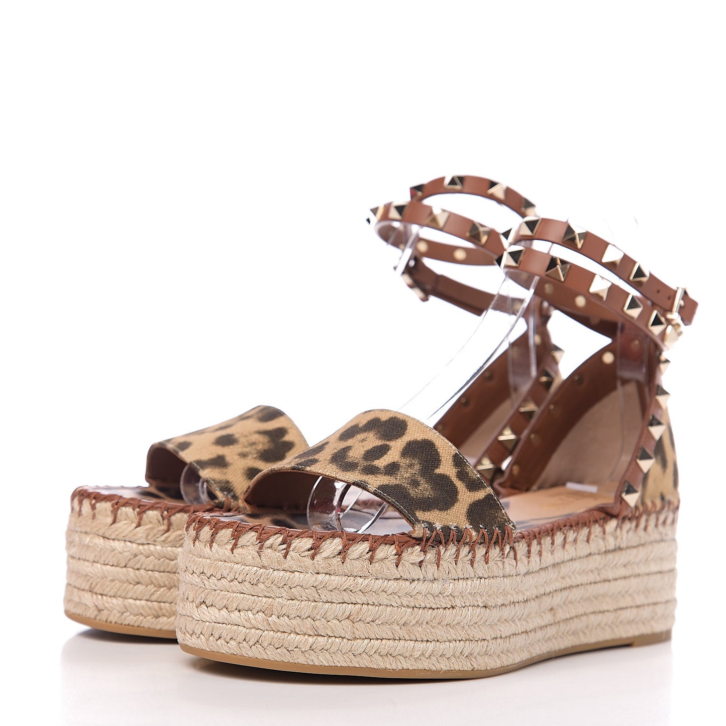 Canvas Leopard Print Rockstud Ankle Wrap Espadrille Flatform Sandals 35 Brown
