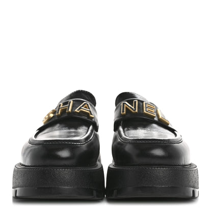 Chanel Shiny Calfskin Logo Loafers 35 Black 3 of 9