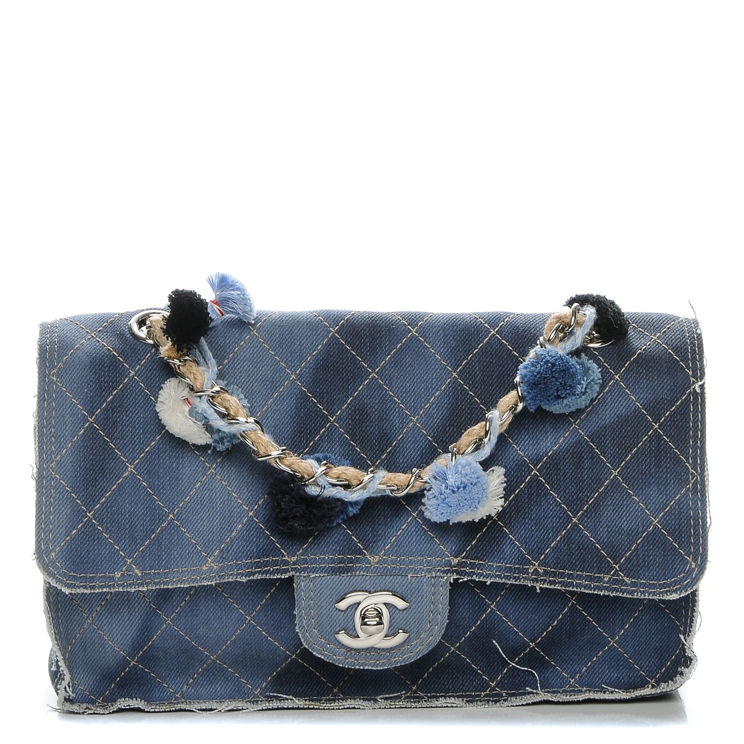 Denim Quilted Jumbo Pompom Flap Dark Blue