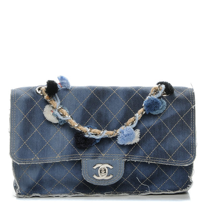Chanel Denim Quilted Jumbo Pompom Flap Dark Blue 1 of 8