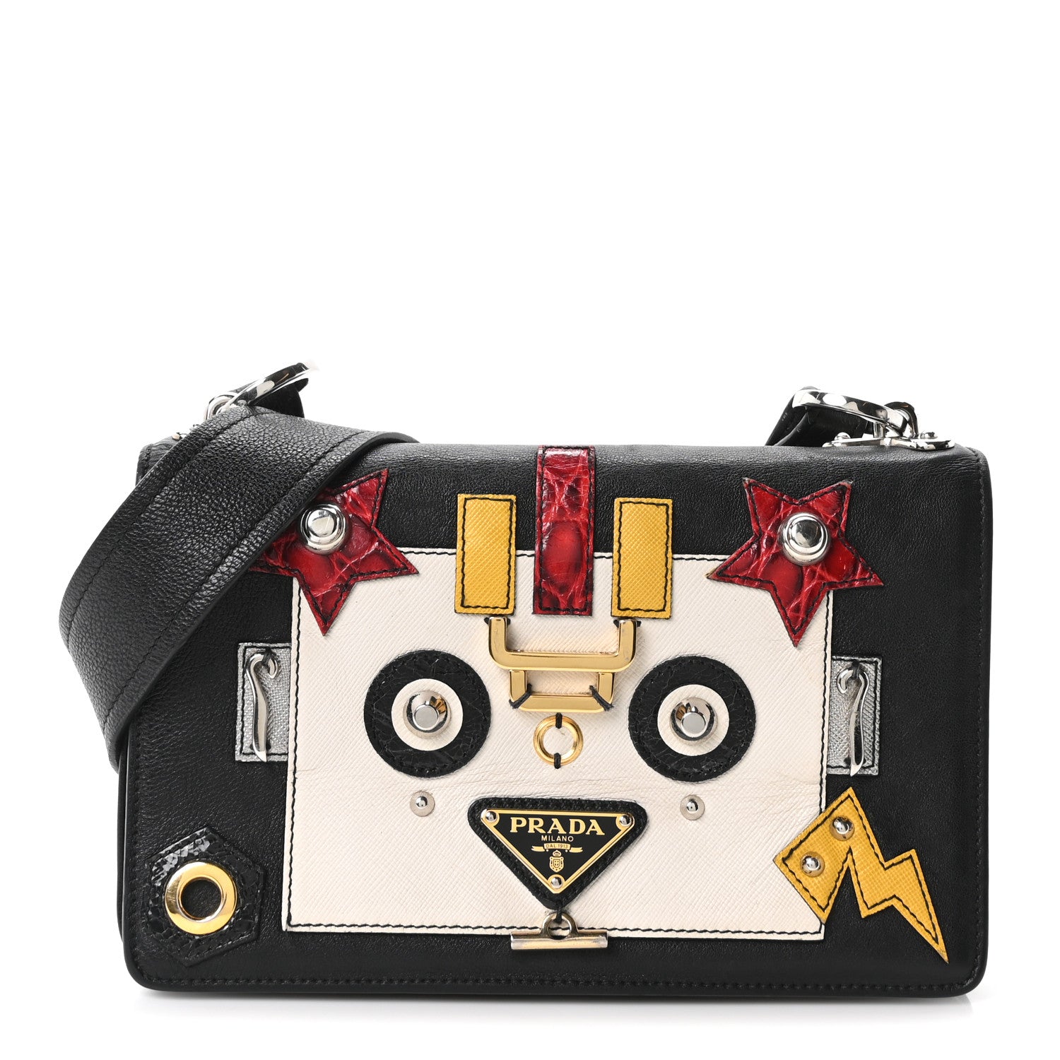 Prada Grained Calfskin Saffiano Robot Shoulder Bag Black White 1 of 10