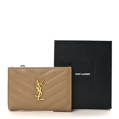 Saint Laurent Grain De Poudre Matelasse Chevron Cassandre Fragments Zipperred Bi-Fold Wallet Dark Beige 7 of 7