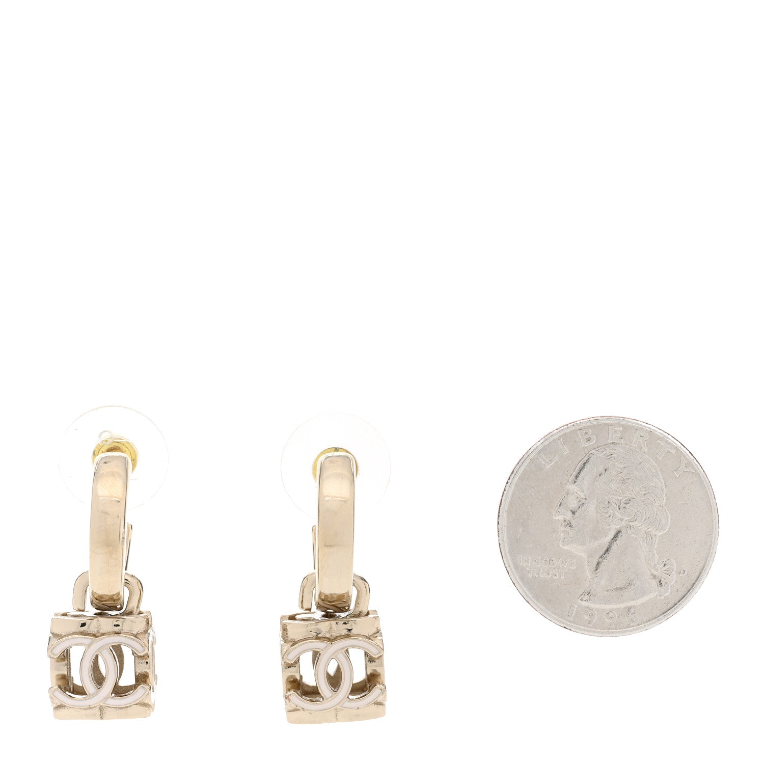 Chanel Enamel CC Cube Drop Earrings Gold White 2 of 6