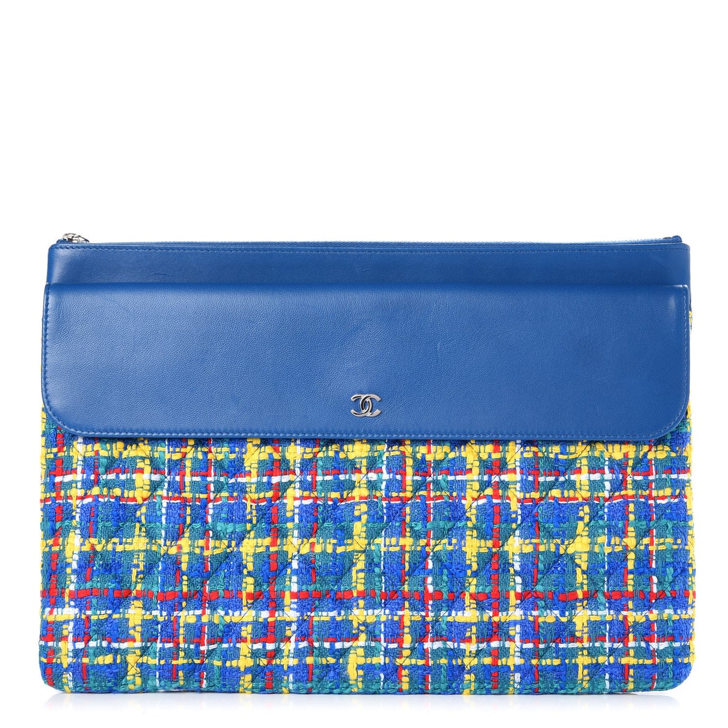 Lambskin Tweed Quilted Large Flap Cosmetic Case Multicolor Blue