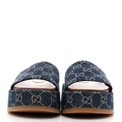 Gucci New Denim GG Monogram Angelina Platform 55mm Slide Sandals 37.5 Blue Tea 2 of 9