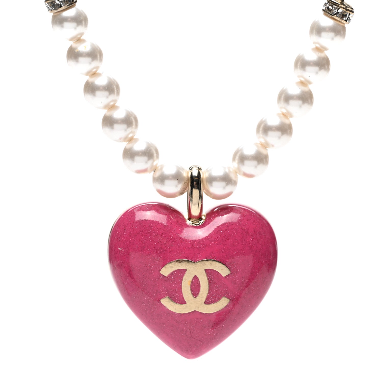 Chanel Pearl Crystal Resin CC Heart Short Necklace Pink Gold White 4 of 6