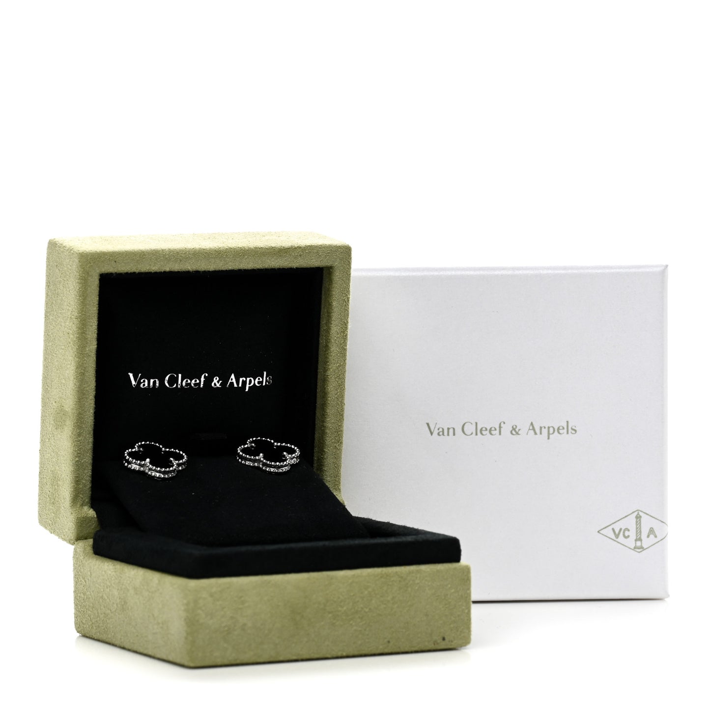 18K White Gold Black Onyx Vintage Alhambra Earrings