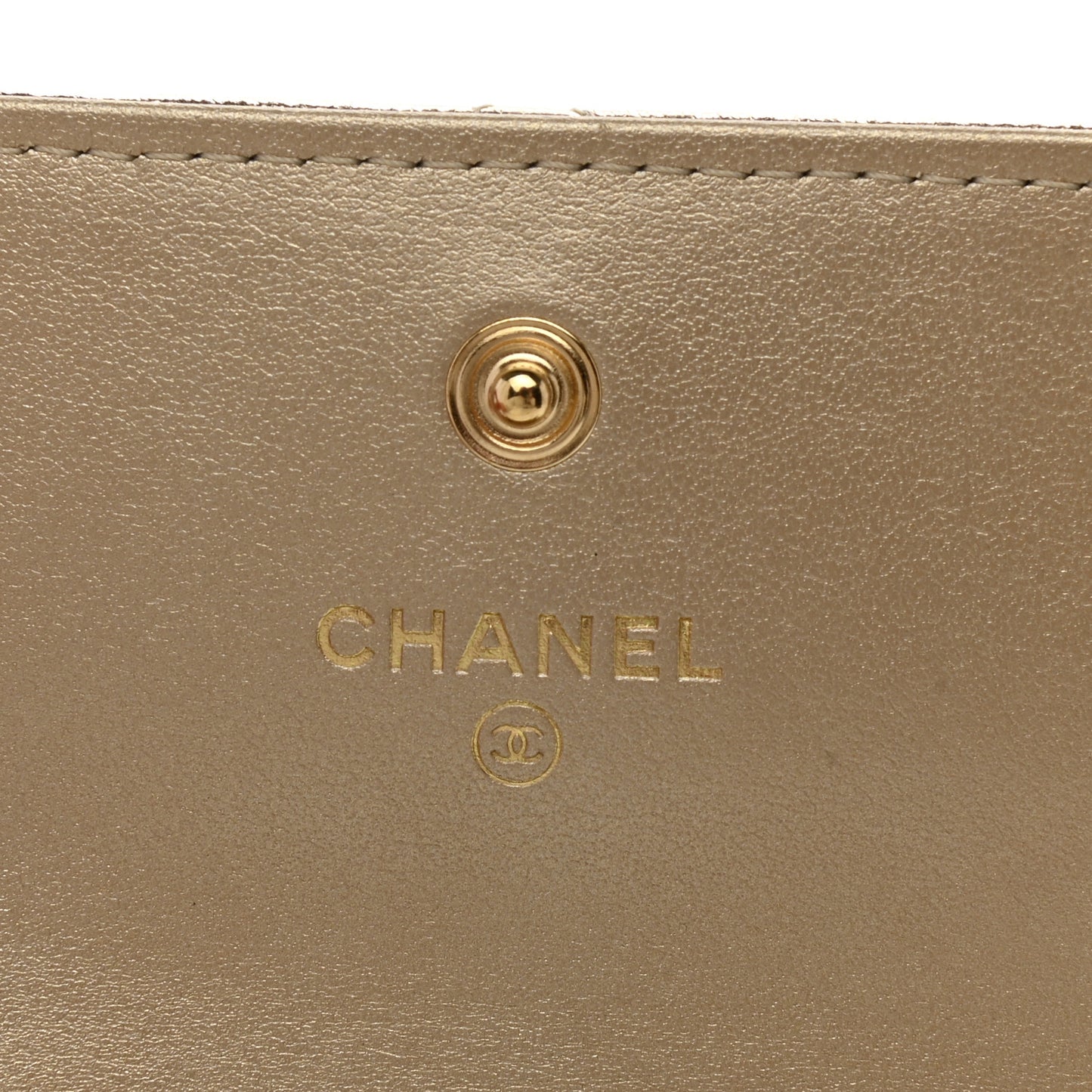Metallic Goatskin Quilted Chanel 19 Flap Card Holder Gold