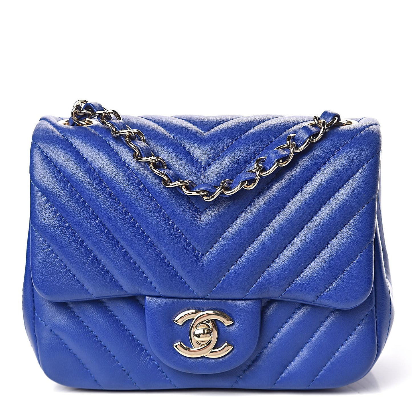 Lambskin Chevron Quilted Mini Square Flap Blue