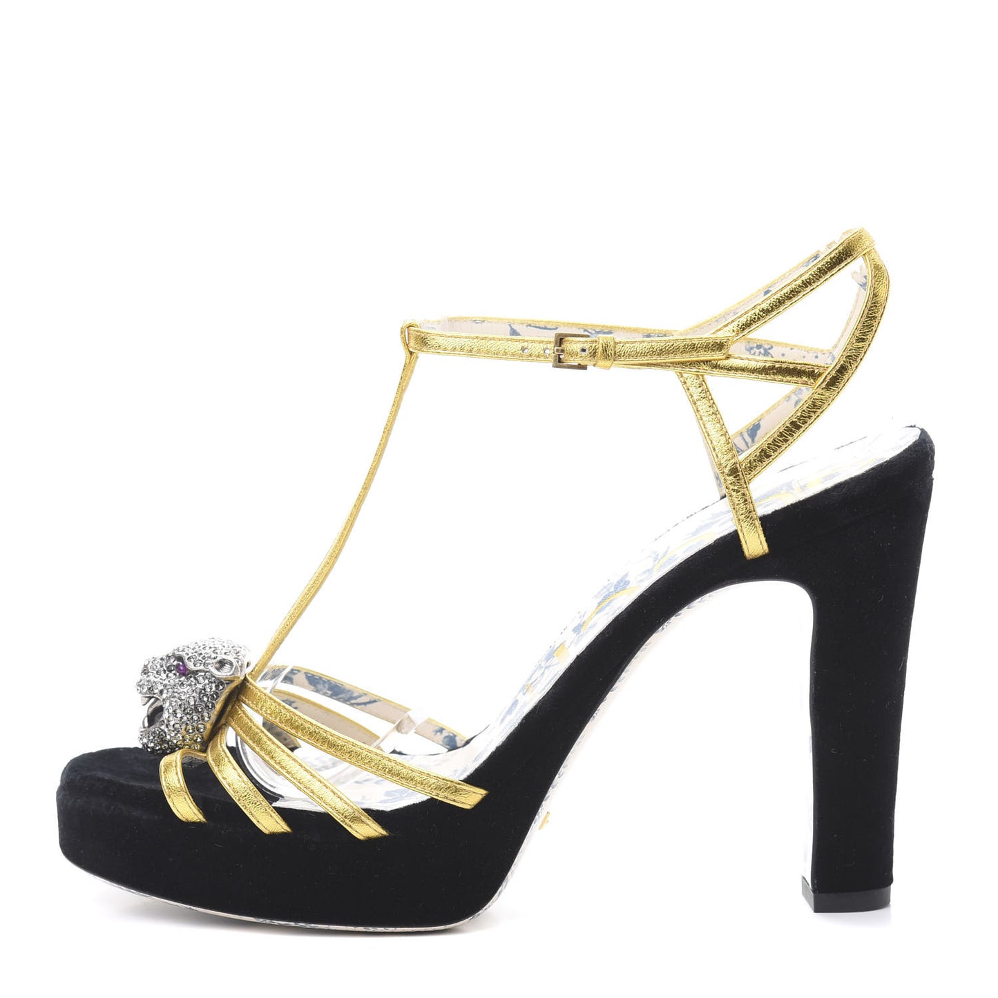 Velvet Nappa Elias T-Strap Platform High Heel Sandals 39 Black Gold