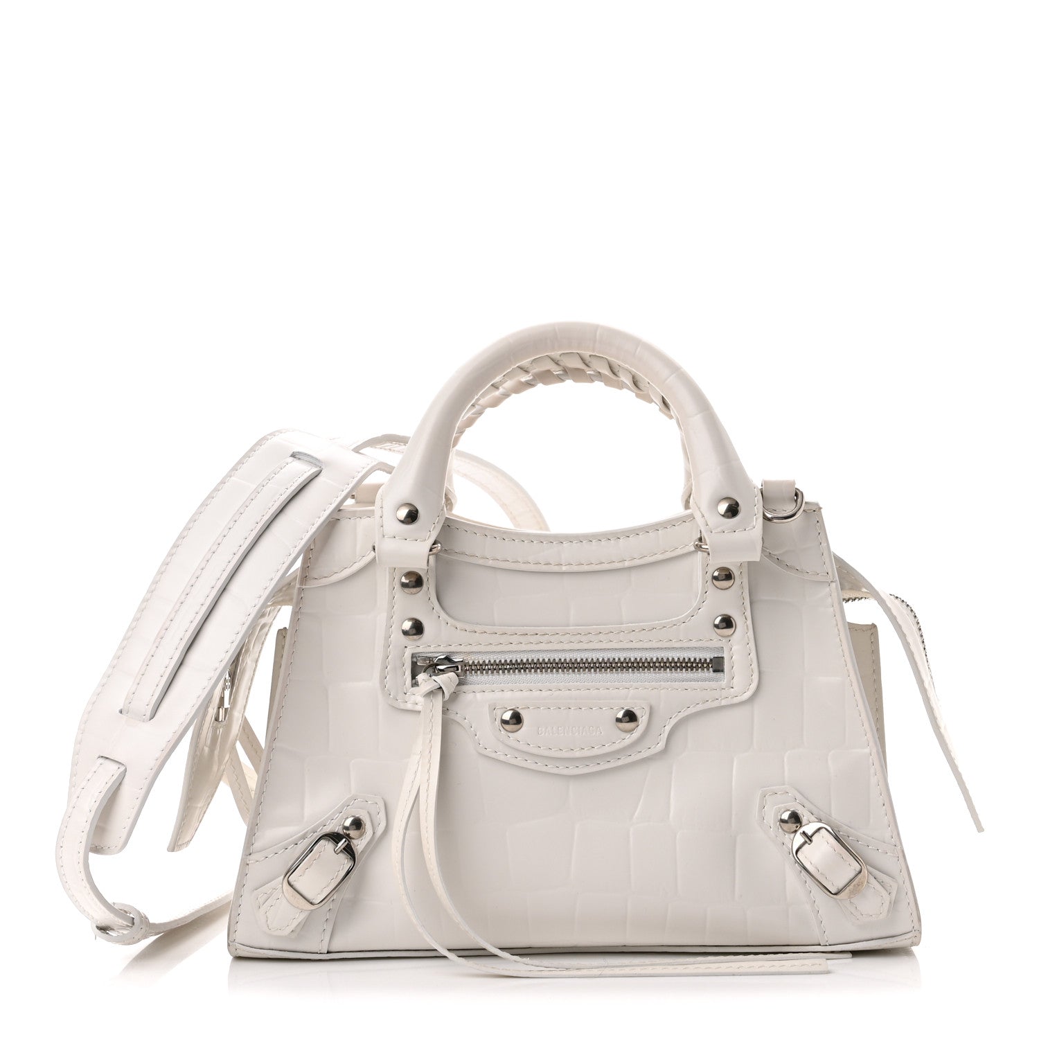 Balenciaga Semi Shiny Calfskin Crocodile Embossed Neo Classic Silver Hardware Mini City White 1 of 11