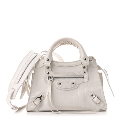 Balenciaga Semi Shiny Calfskin Crocodile Embossed Neo Classic Silver Hardware Mini City White 1 of 11