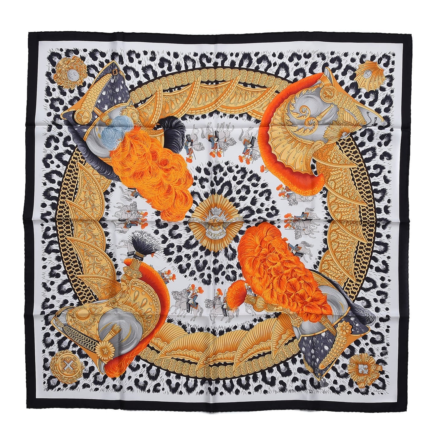 Silk Casques Et Plumets Scarf 90 Nior Blanc Vieil Orange