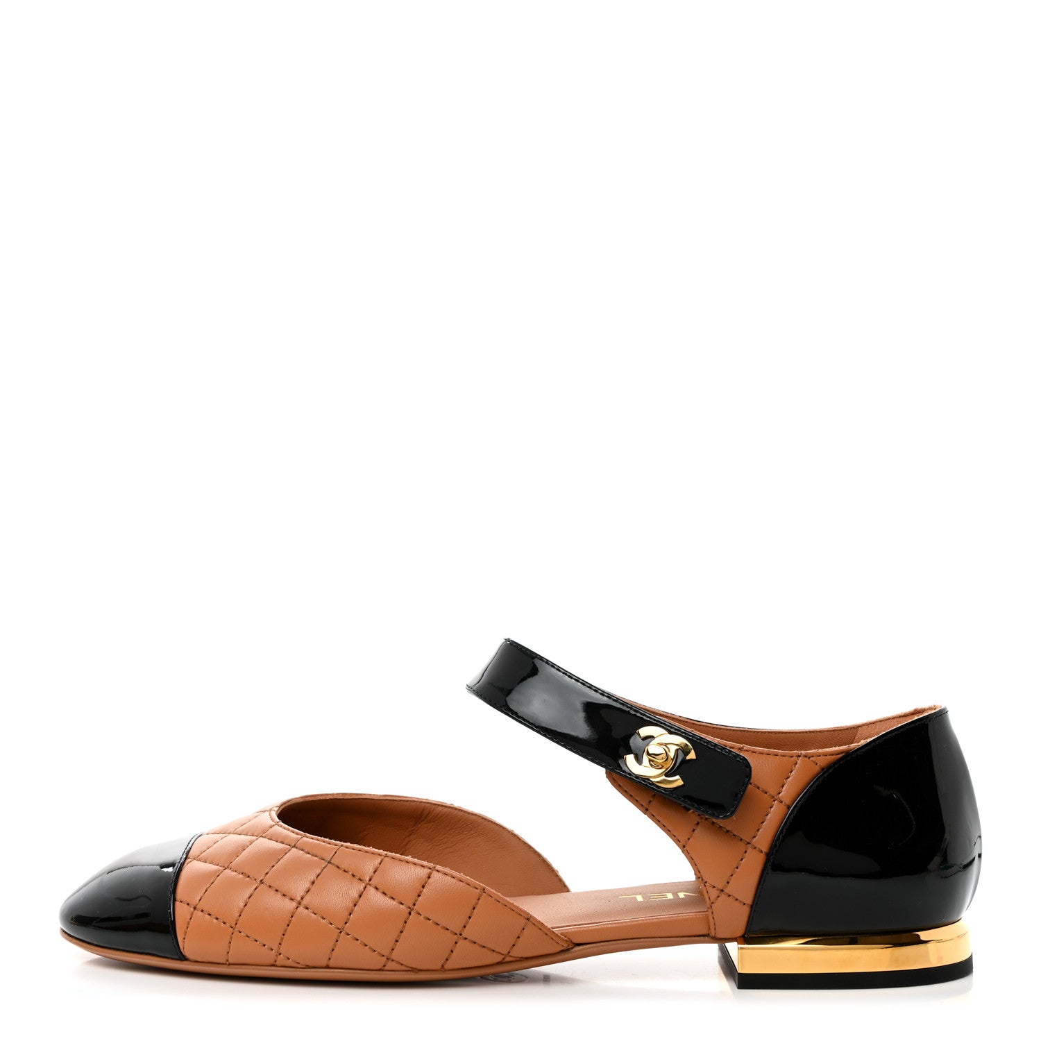 Chanel Patent Lambskin Quilted Cap Toe Ballerina Flats 41 Light Brown Black 1 of 9