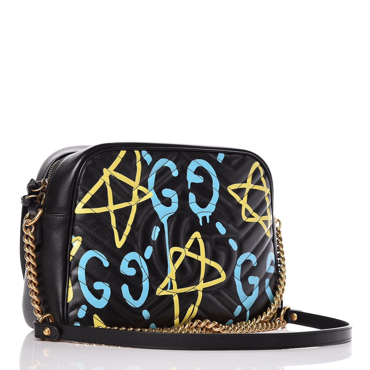 Calfskin Matelasse GucciGhost Medium GG Marmont Chain Shoulder Bag Black New Acquamarine