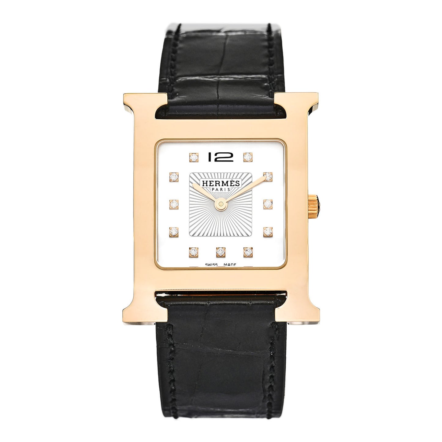 Stainless Steel Alligator Diamond Mother of Pearl 26mm Heure H Hour Quartz Watch Noir