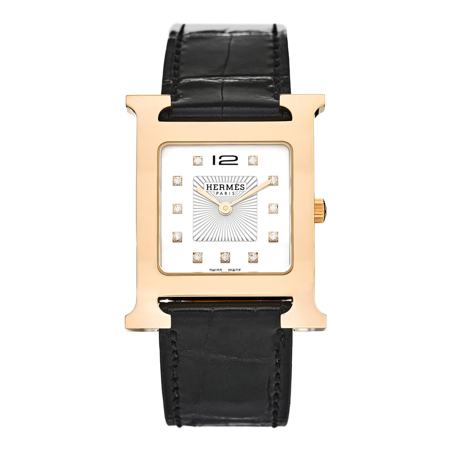 Hermes Stainless Steel Alligator Diamond Mother of Pearl 26mm Heure H Hour Quartz Watch Noir 1 of 5