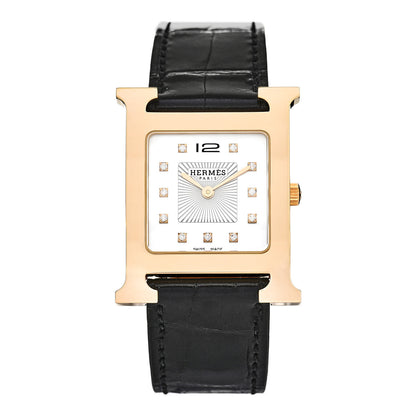 Hermes Stainless Steel Alligator Diamond Mother of Pearl 26mm Heure H Hour Quartz Watch Noir 1 of 5