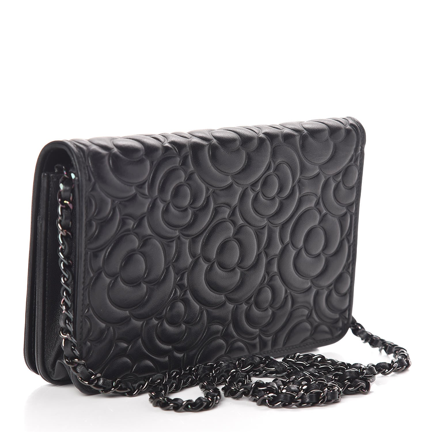 Chanel Lambskin Camellia Crystal Wallet on Chain WOC Black 3 of 14