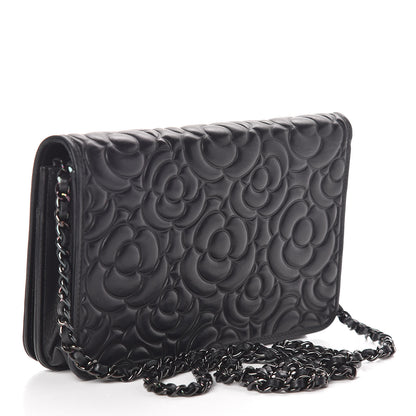Chanel Lambskin Camellia Crystal Wallet on Chain WOC Black 3 of 14