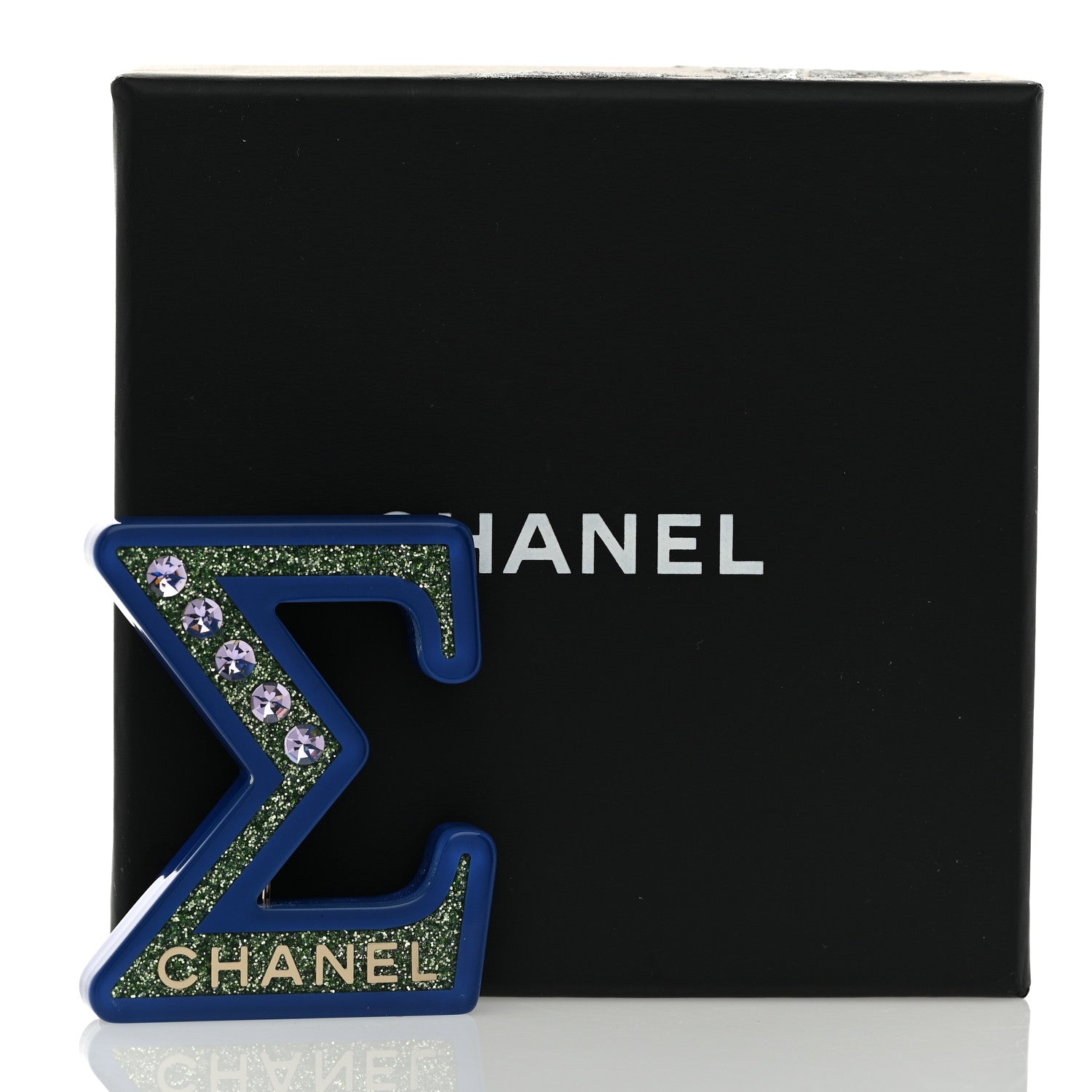 Chanel Resin Glitter Crystal Sigma Brooch Blue Green 4 of 4