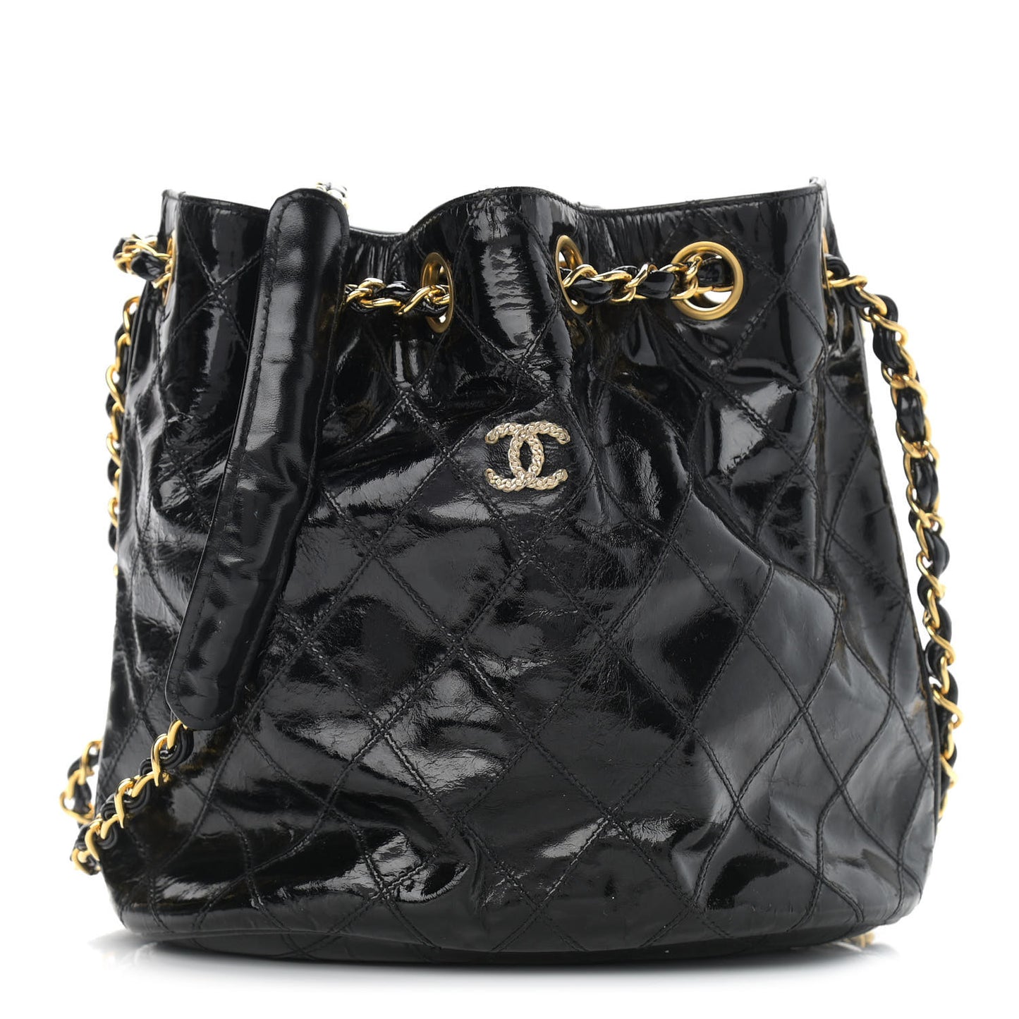 Patent Stitched Drawstring Shoulder Bag Black